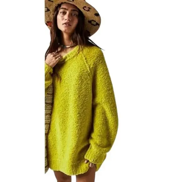 Free People Oversized Sweater Wool Blend Teddy Tunic Green Size XL Preppy Boho - Picture 1 of 9